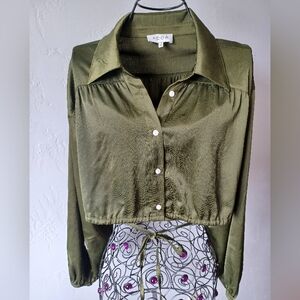 NWT Acoa "Here With Me" Olive Crop Blouse With Wrap Around Waist Tie